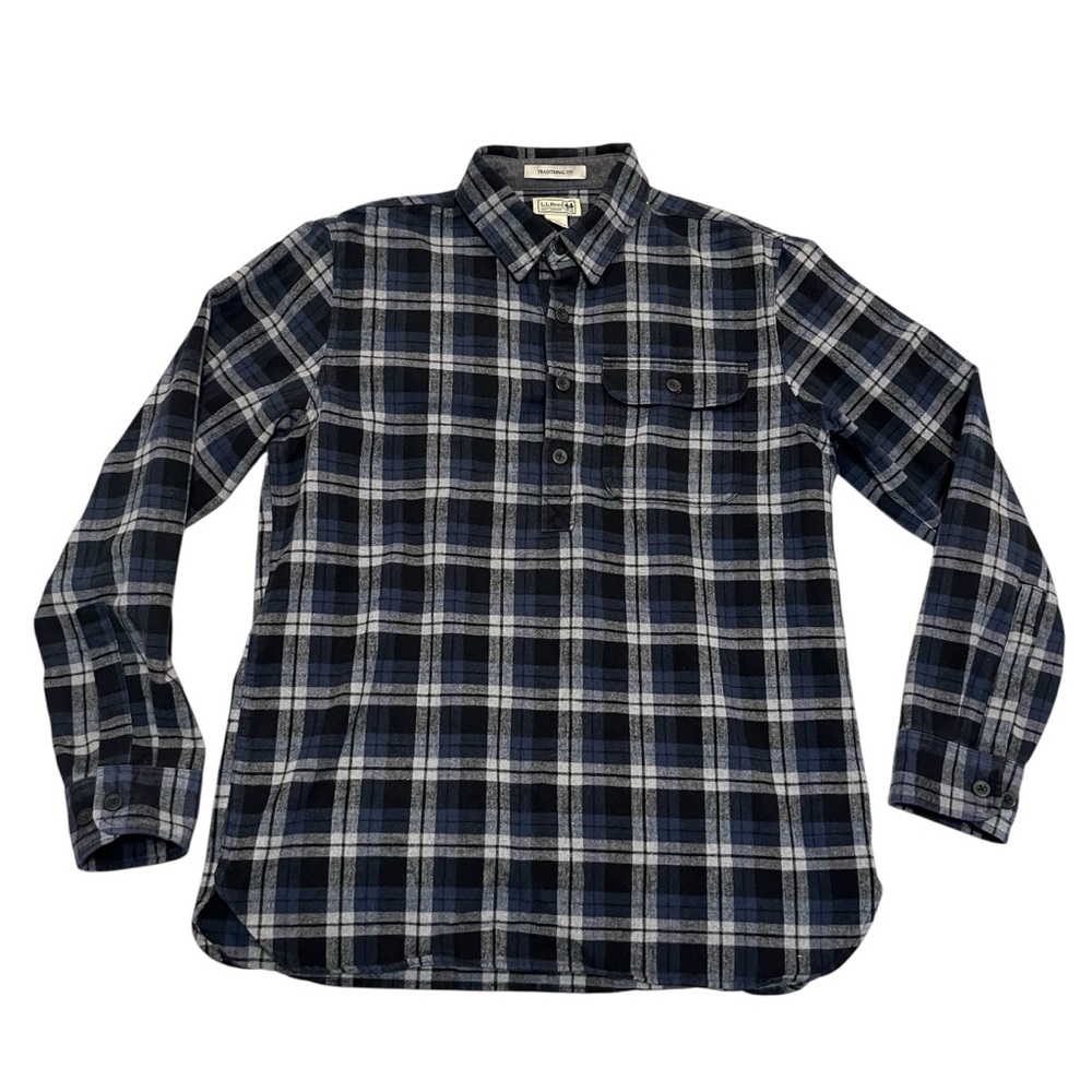 LL Bean Mens Traditional Fit Blue Plaid 1/4 Button Flannel Shirt- Medium